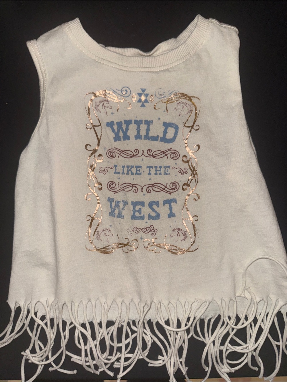 Shyanne White Fringe Tank Top with Blue & Gold Print